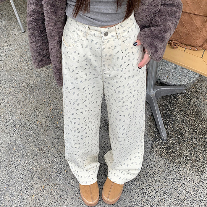 Y2K Floral Print Cord Pants - Vintage Aesthetic, Cute & Comfy for Grunge & Coquette Styles
