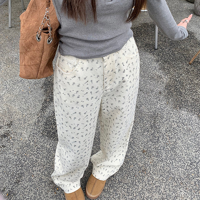 Y2K Floral Print Cord Pants - Vintage Aesthetic, Grunge Style, Cute Comfy Bottoms