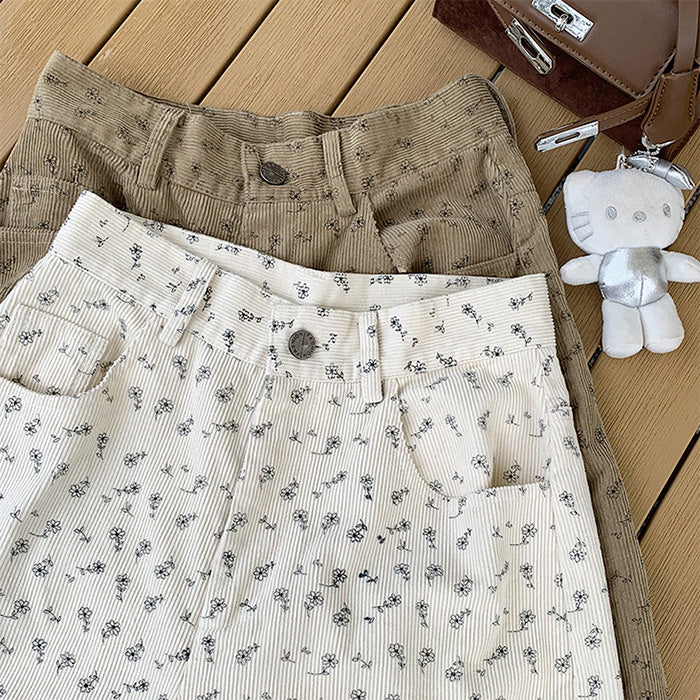 Y2K Floral Print Cord Pants - Vintage Aesthetic, Grunge Style, Cute Comfy Bottoms