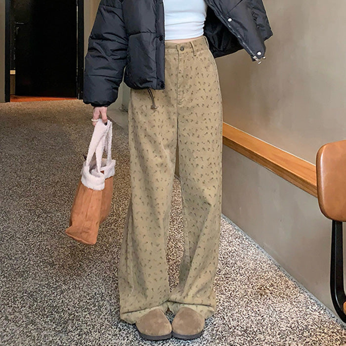 Y2K Floral Print Cord Pants - Vintage Aesthetic, Grunge Style, Cute Comfy Bottoms