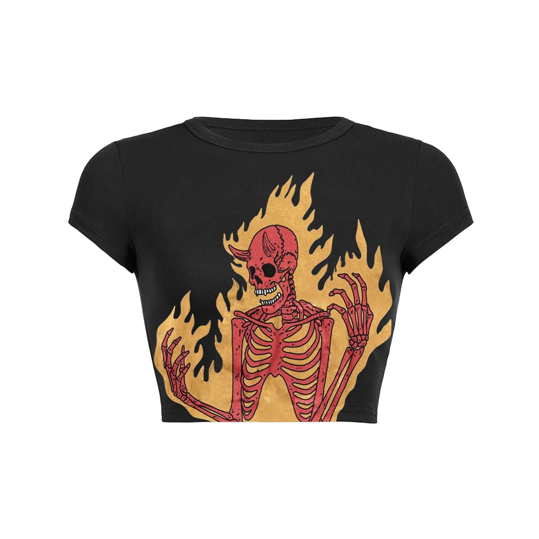 Y2K Grunge Aesthetic Baby Tee with Fire Demon Skeleton Print - Cute & Comfy Top