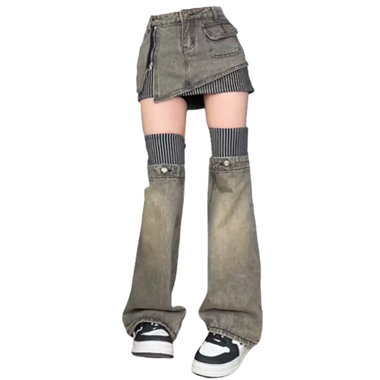 Y2K Grunge Aesthetic Cargo Skirt & Leg Warmers Set - Cute Pastel Goth Outfit
