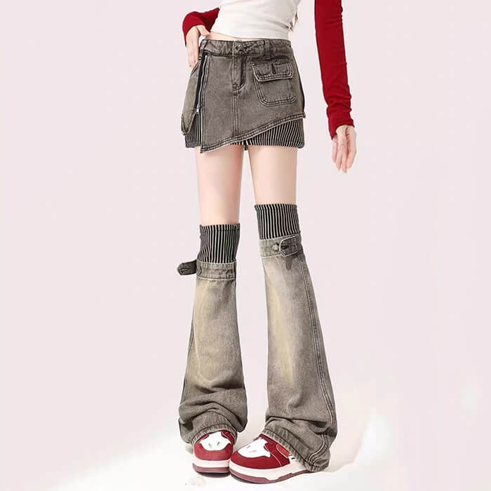 Y2K Grunge Aesthetic Cargo Skirt & Leg Warmers Set - Cute Pastel Goth Outfit