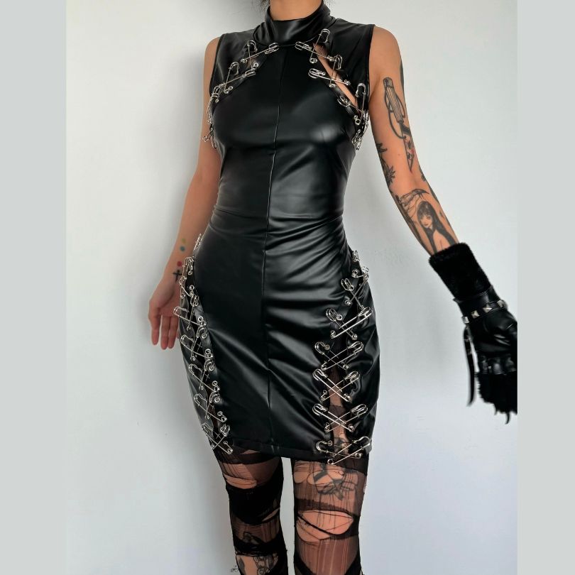 Y2K Grunge Aesthetic Hollow Out PU Leather Mini Dress with Metal Chain Detail
