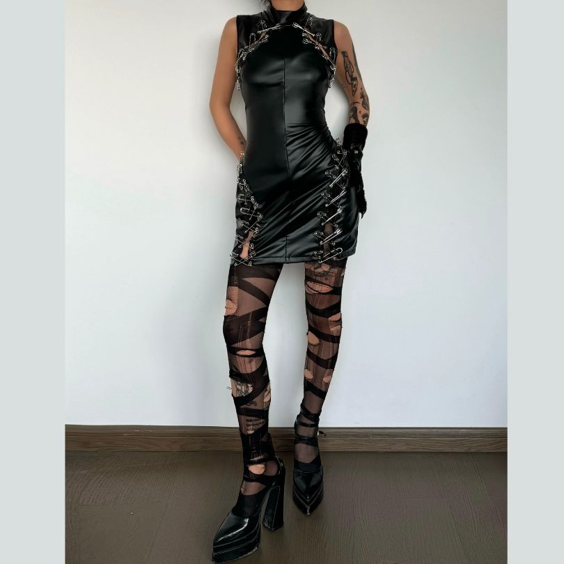 Y2K Grunge Aesthetic Hollow Out PU Leather Mini Dress with Metal Chain Detail