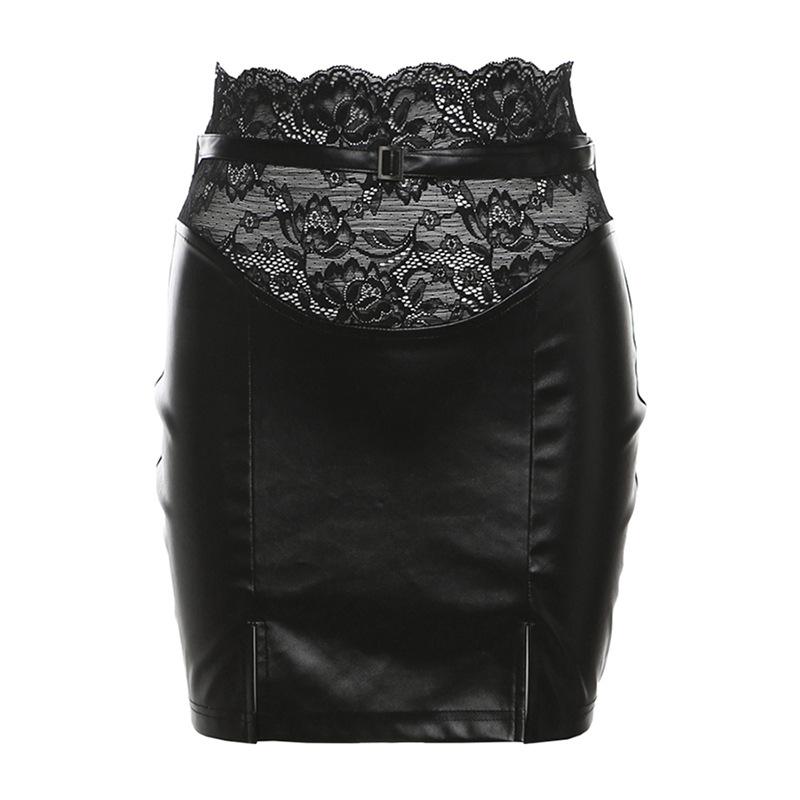 Y2K Grunge Aesthetic Mini Skirt with Slit Lace Hem - Cute PU Leather Cargo Style