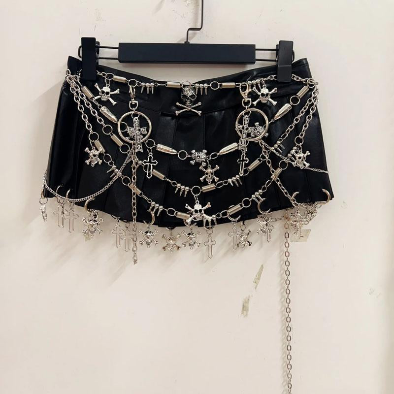 Y2K Grunge Aesthetic Pleated Mini Skirt with Skull Applique & Metal Chain O-Ring Detail
