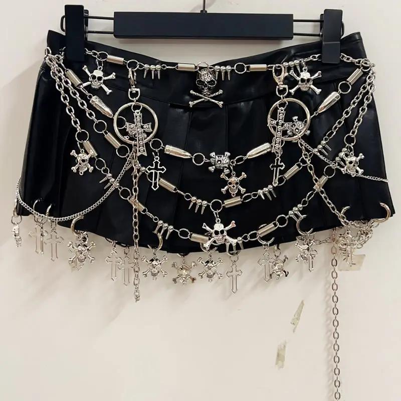 Y2K Grunge Aesthetic Pleated Mini Skirt with Skull Applique & Metal Chain O-Ring Detail
