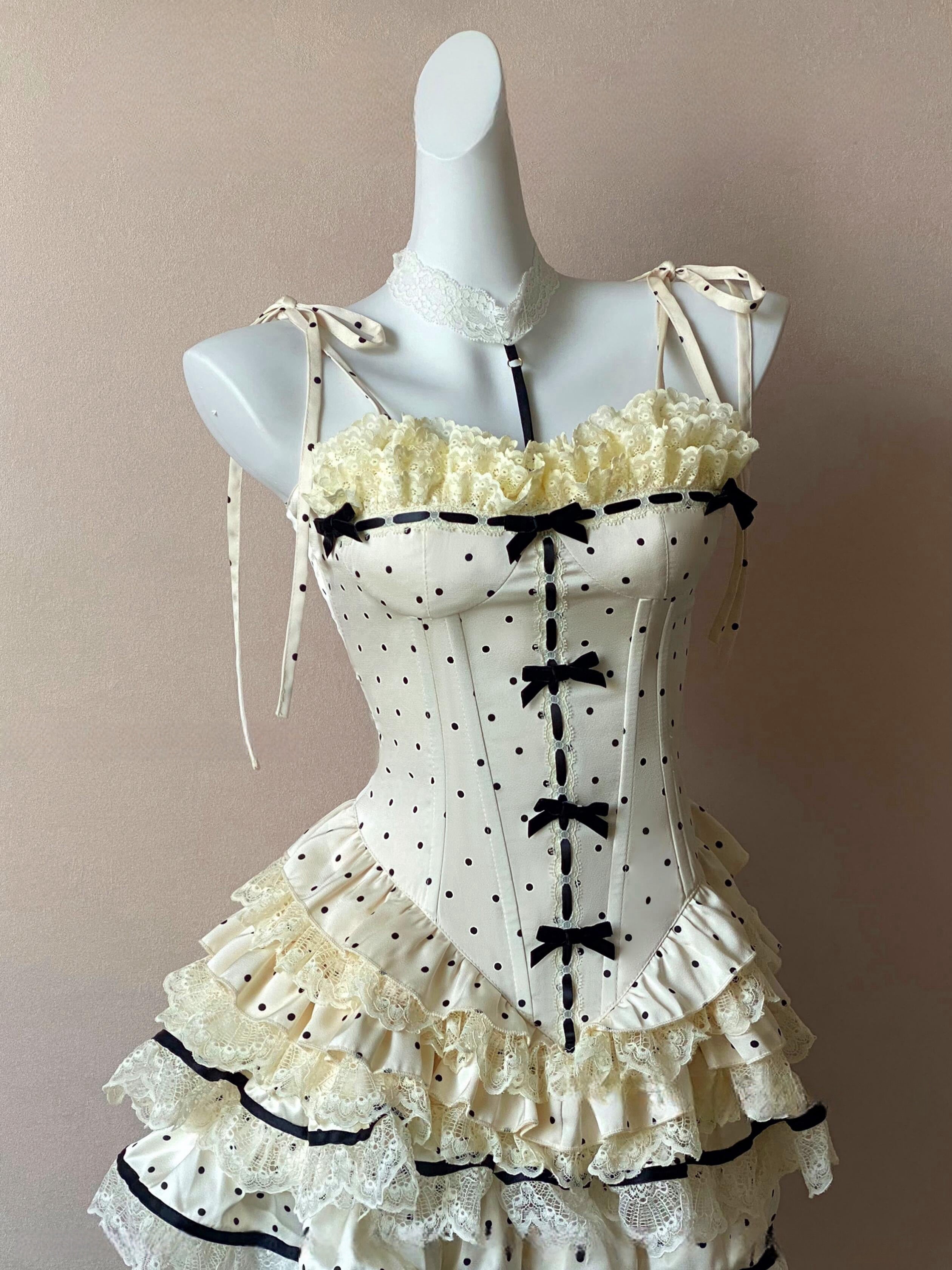 Y2K Vintage Polka Dot Corset Set - Cute Tops for Coquette Aesthetic & Grunge Style
