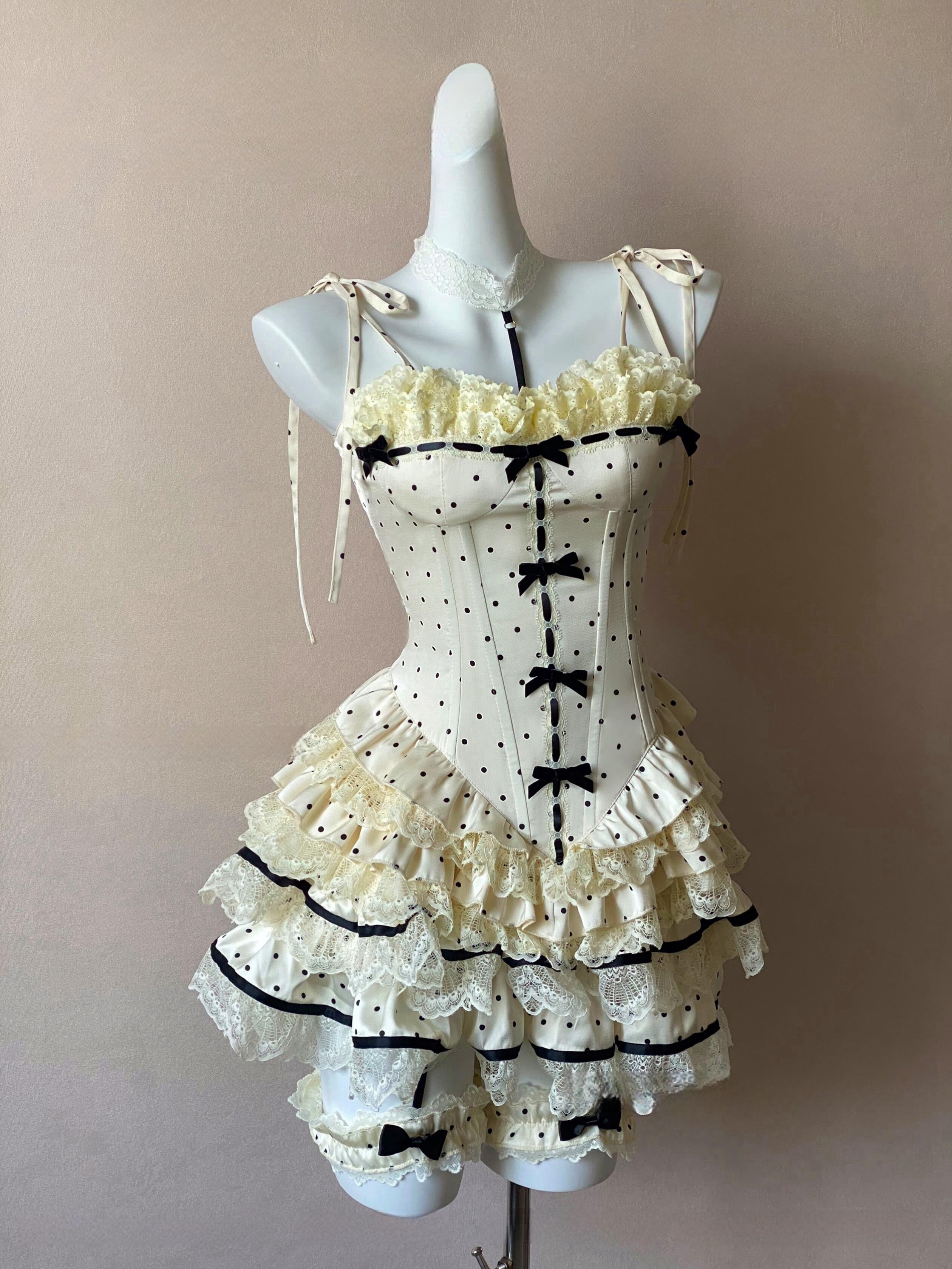 Y2K Vintage Polka Dot Corset Set - Cute Tops for Coquette Aesthetic & Grunge Style