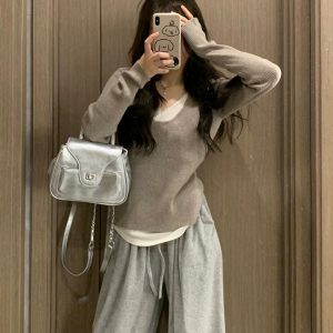 2023 Autumn Color Block Spliced Fake Two-Piece Slimming Knitted Pullover Sweater for Women - Casual Layering Essential