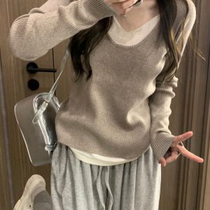 2023 Autumn Color Block Spliced Fake Two-Piece Slimming Knitted Pullover Sweater for Women - Casual Layering Essential