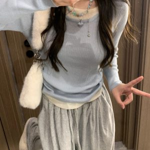 2023 Autumn Color Block Spliced Fake Two-Piece Slimming Knitted Pullover Sweater for Women - Casual Layering Essential