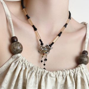 2023 New Chinese-Style Romantic Metal Sweetheart Lily Flower Beaded Necklace with Retro Tassel Clavicle Chain