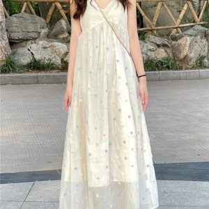 2023 Summer Spaghetti Strap Dress for Women, Sweet French Long Beach Dress, Flattering Fit, Vacation Style
