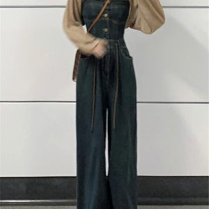 2023 Summer Vintage Drawstring Wide-Leg Denim Jumpsuit for Women - Slimming Strapless Versatile Fashion