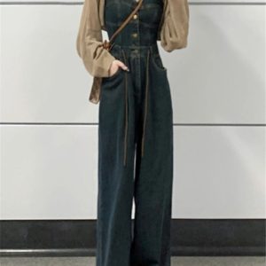 2023 Summer Vintage Drawstring Wide-Leg Denim Jumpsuit for Women - Slimming Strapless Versatile Fashion