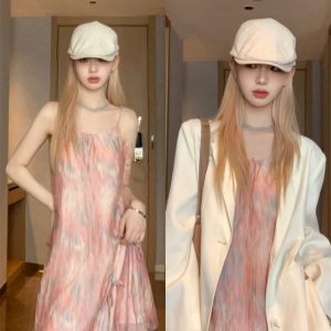 2023 Summer Women's Thin Persimmon Powder Two-Piece Set - Sweet Printed Camisole & Casual Half Skirt - Y2K Petite Style