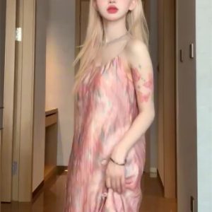 2023 Summer Women's Thin Persimmon Powder Two-Piece Set - Sweet Printed Camisole & Casual Half Skirt - Y2K Petite Style