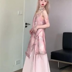 2023 Summer Women's Thin Persimmon Powder Two-Piece Set - Sweet Printed Camisole & Casual Half Skirt - Y2K Petite Style