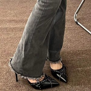 2023 Women's Pointed Toe Rivet High Heels - Retro Punk Style Sandals with Single Strap and Thin Heels