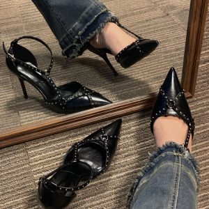 2023 Women's Retro Pointed Toe Rivet High Heels - Punk Style Single Strap Thin Heels Sandals for Fashion-Forward Looks