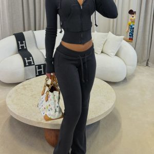 2024 Autumn/Winter Street Style Color Block Hooded Sweatshirt & Spliced Flared Knit Pants Set for Trendy Casual Looks