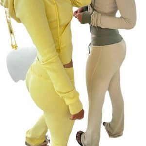 2024 Autumn/Winter Street Style Color Block Hooded Sweatshirt & Spliced Flared Knit Pants Set for Trendy Casual Looks