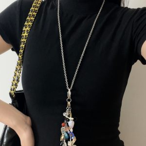 2024 Handmade Color-Block Natural Stone Beaded Long Necklace with Pendant Keychain Bag Charm for Women