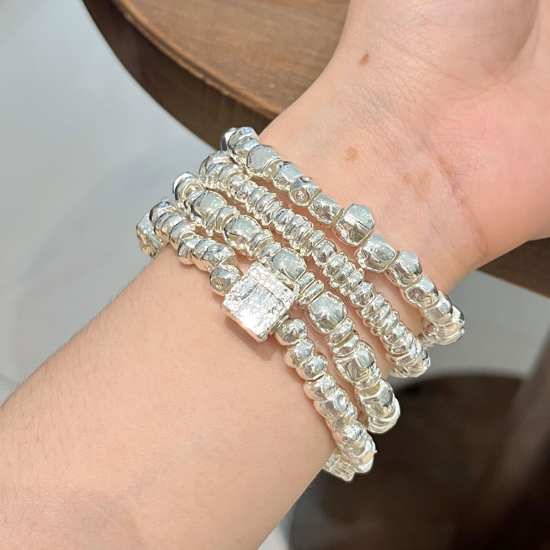 2024 Multi-Layer Irregular Metal Bead Elastic Bracelet for Women, Light Luxury Stacking Bangle, Trendy Niche Jewelry