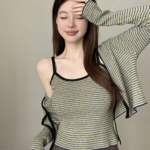 2024 Spring Slim-Fit Bowknot Cardigan and Camisole Set - Stylish Niche Layering Top