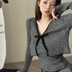 2024 Spring Slim-Fit Bowknot Cardigan and Camisole Set - Stylish Niche Layering Top