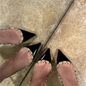 2024 Spring Women's Black Patent Leather Stiletto Heels with Rivets - Sexy Versatile Commuter Shoes for Elegant Style