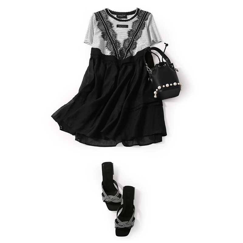 2024 Summer Korean Style Round Neck Spliced Striped Lace Rhinestone Casual Dress for Women - Trendy Fashion Statement