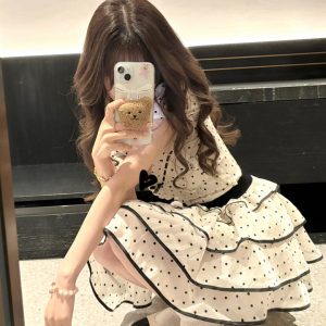 2024 Summer Women's Polka Dot Puff Skirt - Sweet Multi-Layered Cake Dress, Waist-Cinching, Slimming, Cute Style