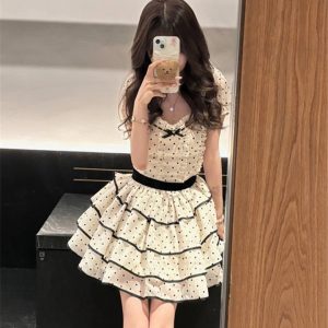 2024 Summer Women's Polka Dot Puff Skirt - Sweet Multi-Layered Cake Dress, Waist-Cinching, Slimming, Cute Style