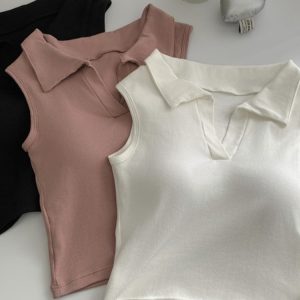 2024 Summer Women's Polo Collar Tank Top with Chest Pads, Stylish Slim Fit Pure Cotton Base Layer