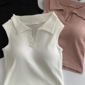 2024 Summer Women's Polo Collar Tank Top with Chest Pads, Stylish Slim Fit Pure Cotton Base Layer