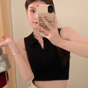 2024 Summer Women's Polo Collar Tank Top with Chest Pads, Stylish Slim Fit Pure Cotton Base Layer