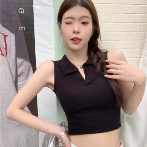 2024 Summer Women's Polo Collar Tank Top with Chest Pads, Stylish Slim Fit Pure Cotton Base Layer
