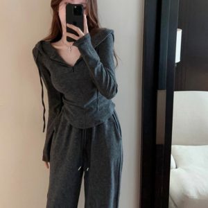 2024 Trendy Street Fashion Casual Hooded Sweatshirt and Wide-Leg Pants Set for Petite Women