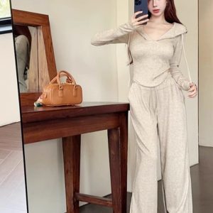 2024 Trendy Street Fashion Casual Hooded Sweatshirt and Wide-Leg Pants Set for Petite Women