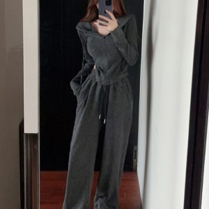 2024 Trendy Street Fashion Casual Hooded Sweatshirt and Wide-Leg Pants Set for Petite Women