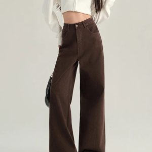 2024 Women's Coffee-Colored Fleece-Lined Wide-Leg Jeans, High-Waisted Slim-Fit, Autumn Winter Fashion, Loose Straight-Leg Pants