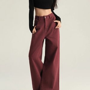 2024 Women's Coffee-Colored Fleece-Lined Wide-Leg Jeans, High-Waisted Slim-Fit, Autumn Winter Fashion, Loose Straight-Leg Pants