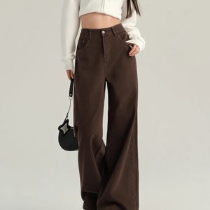 2024 Women's Coffee-Colored Fleece-Lined Wide-Leg Jeans, High-Waisted Slim-Fit, Autumn Winter Fashion, Loose Straight-Leg Pants