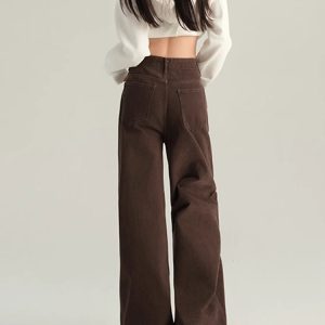 2024 Women's Coffee-Colored Fleece-Lined Wide-Leg Jeans, High-Waisted Slim-Fit, Autumn Winter Fashion, Loose Straight-Leg Pants