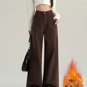 2024 Women's Coffee-Colored Fleece-Lined Wide-Leg Jeans, High-Waisted Slim-Fit, Autumn Winter Fashion, Loose Straight-Leg Pants