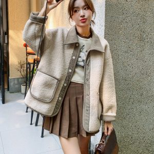 2024 Women’s Color-Blocked Spliced Lapel Lamb Wool Coat with Leather and Fur, Thickened Niche Winter Style