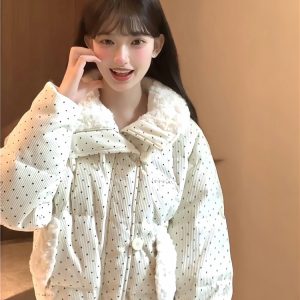 2024 Women's Corduroy Polka Dot Down Jacket with Fur Collar, Thick Loose Short Coat for Winter Fashion